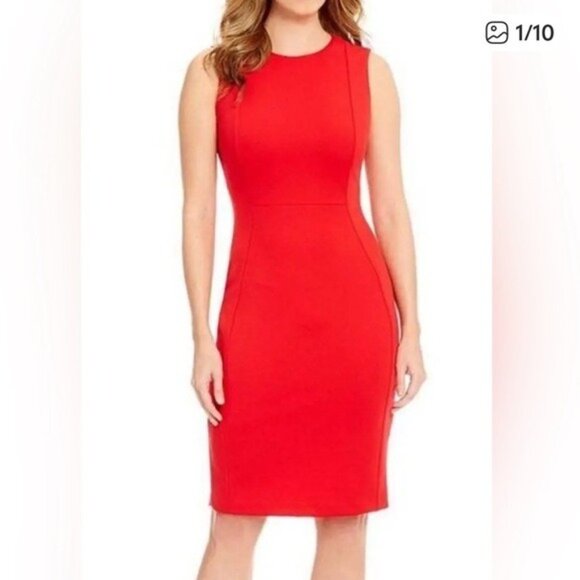 Calvin Klein Red Scuba Sleeveless Sheath Dress Size 4 Classic Office Chic - Picture 2 of 11
